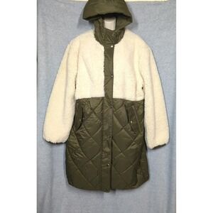 Mixed Media Winter Coat XL Quilted Green Hood Faux Sherpa Upper Zip Lagan Look